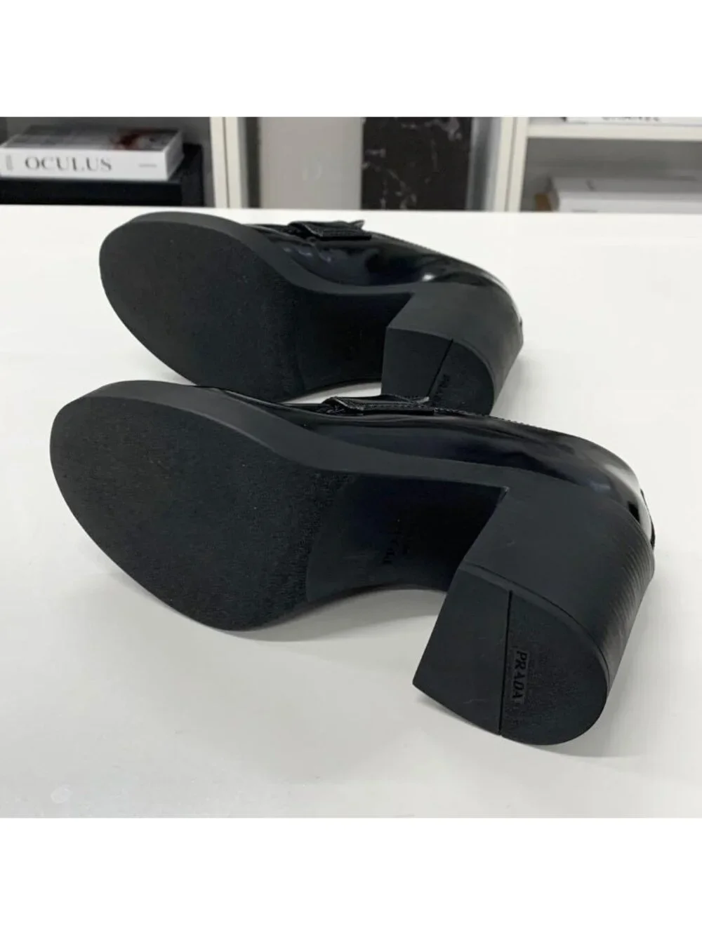 Prada Chocolate Triangle Logo Leather Heels Loafers Black